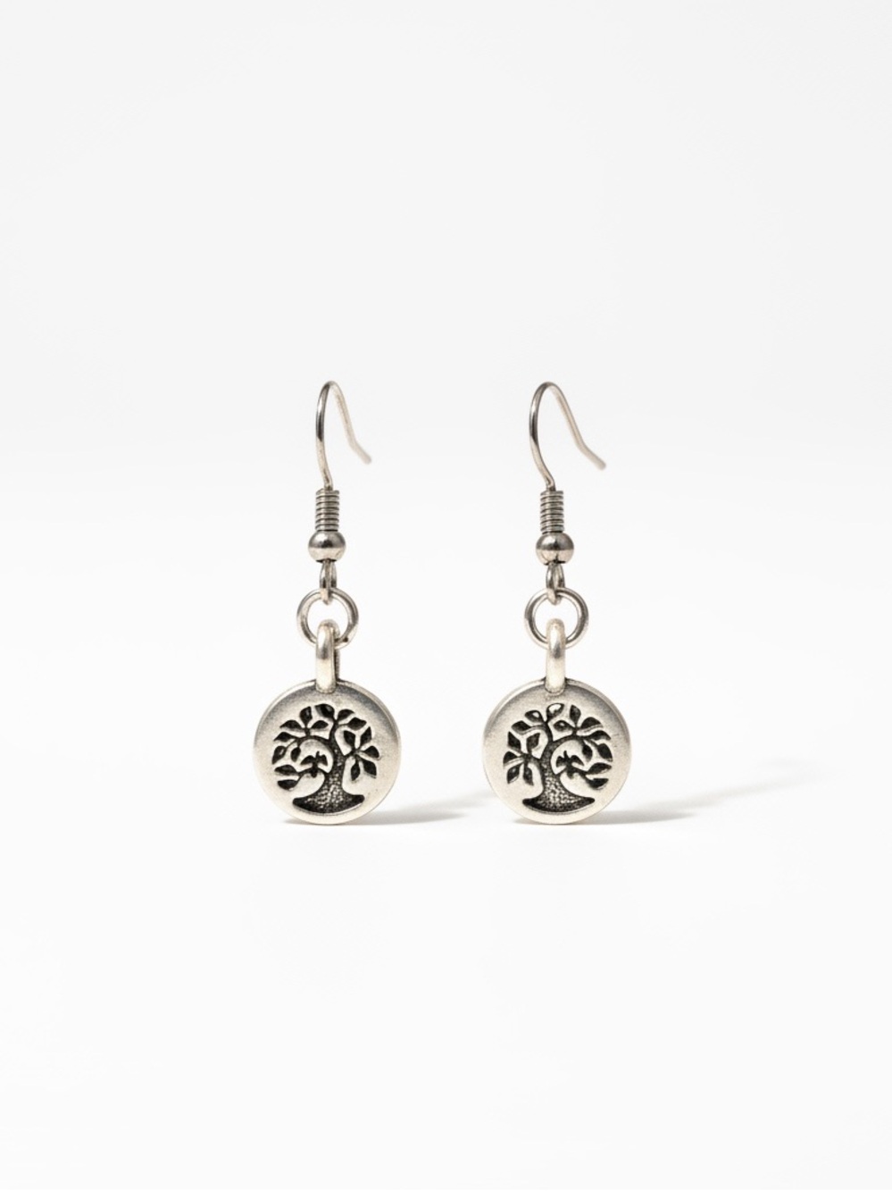 Handmade round stamped Tree of Life silver stainless steel‎ French hook earrings